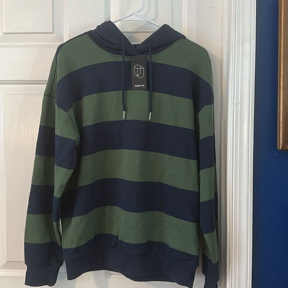 NWT Men’s Original Use Green & Navy Horizontal Stripe Hoodie Size Small - Picture 2 of 9